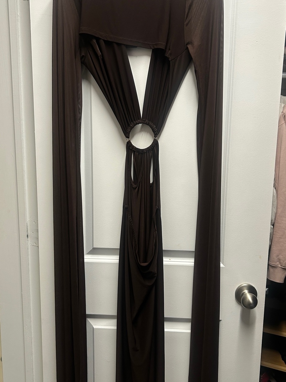 Fashion Nova Sarah Long Sleeve Maxi - Chocolate Brown Ring-Cutout Maxi Dress - Picture 6 of 9